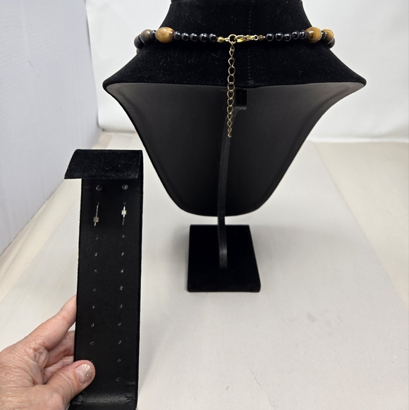 Vintage Tiger Eyes Necklace-2 Pairs of Pierced Earrings Fashionable Brown Swirls - Picture 3 of 11